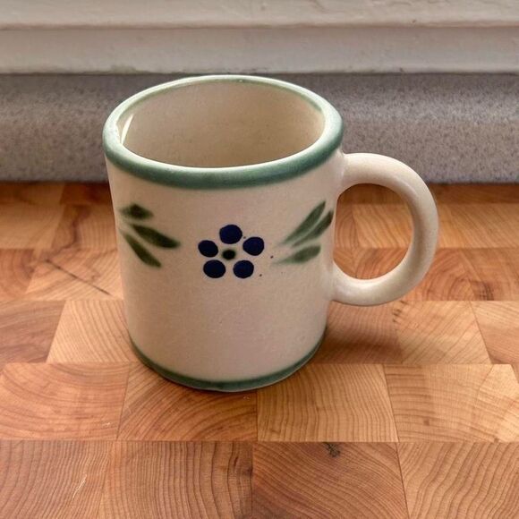 Vintage 70s Handmade Cute Green Blue White Floral Coffee Mug - Picture 1 of 5